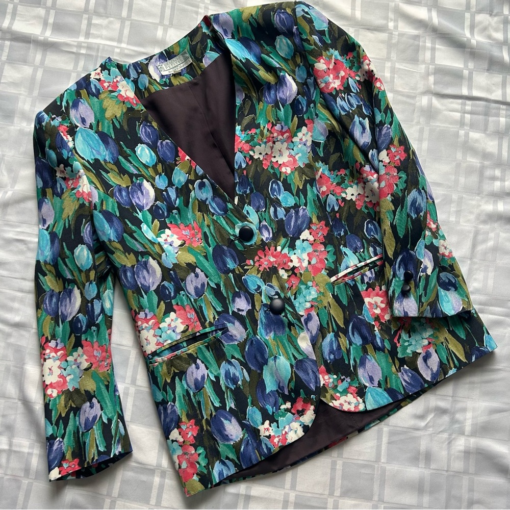 Braemar Petites Blue Based Colourful Floral Tulip Print Vintage Blazer Jacket
